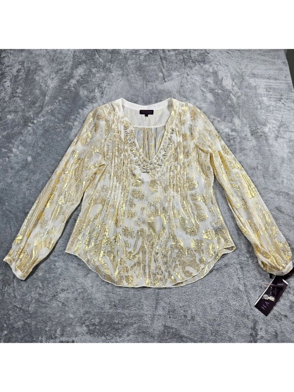 Hale Bob Top Womens M Ivory Silk Blend Gold Metallic Beaded Tunic Cover Up NEW